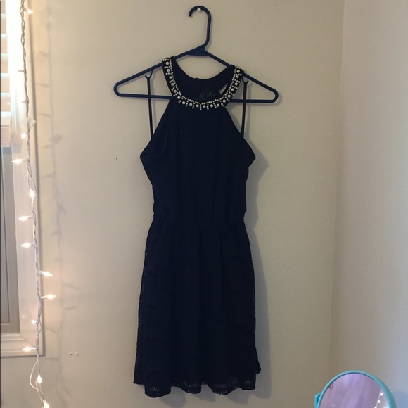 *CLOSET CLOSING* Dark Blue Beaded Halter Dress - Picture 2 of 3