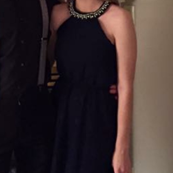 *CLOSET CLOSING* Dark Blue Beaded Halter Dress - Picture 3 of 3