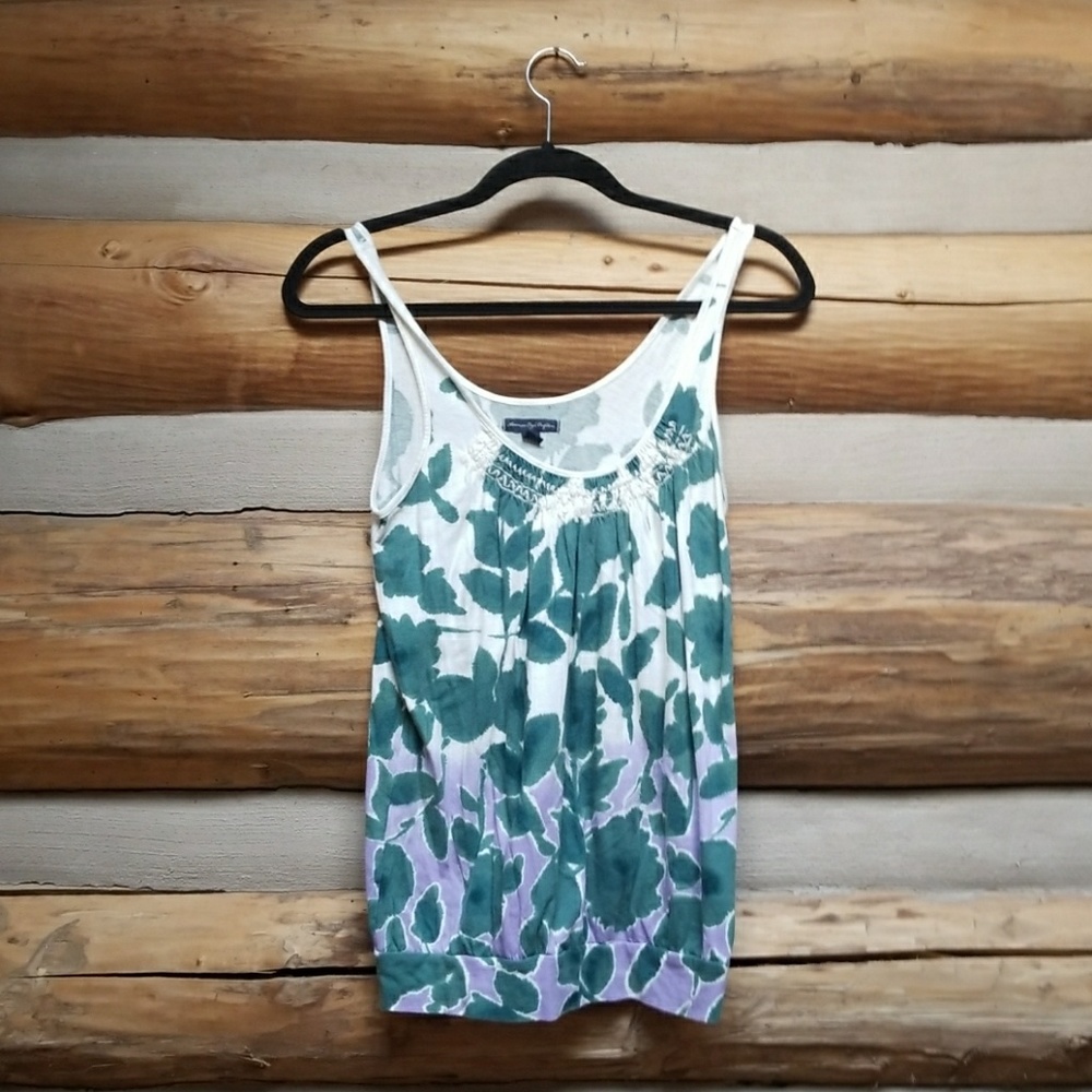 Ae tank Green floral with purple dipped bottom GUC