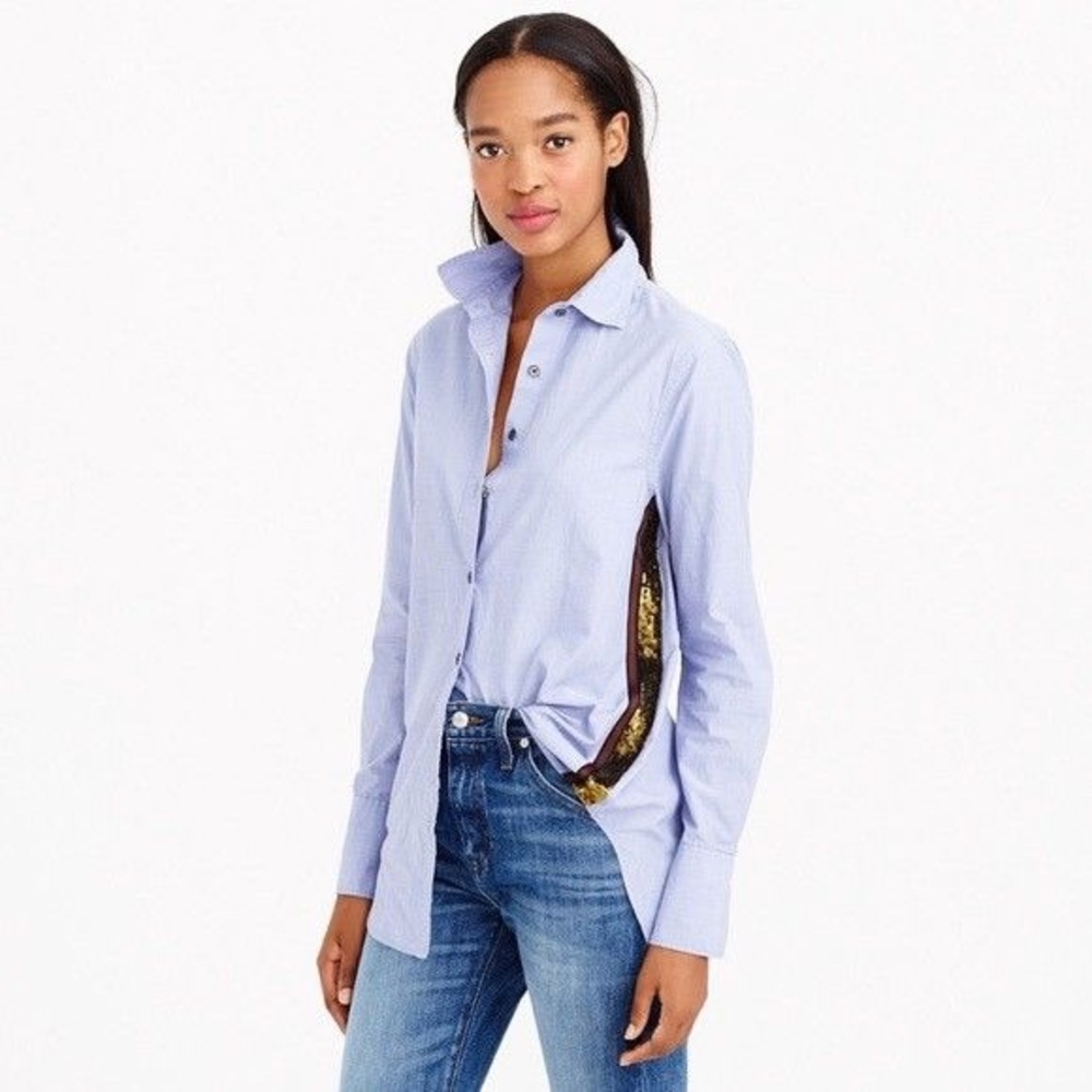 J CREW Sequin Stripe Blue Chambray Button Down