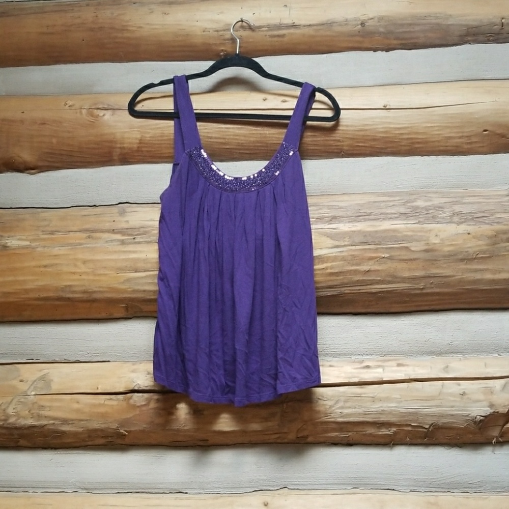 Purple express top with beaded neckline