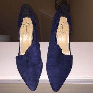 Blue suede high heel shoes