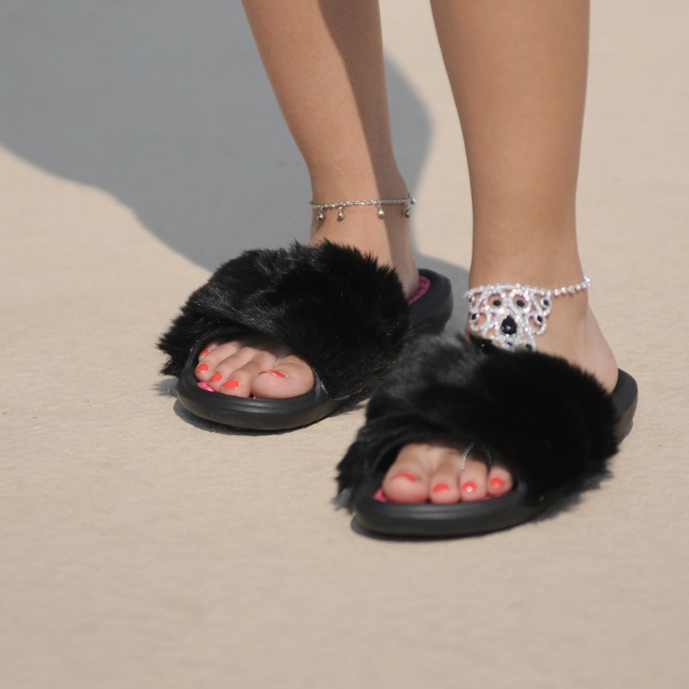Black Furry Slides