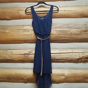 Navy blue lace dress with brown belt EUC Sz S