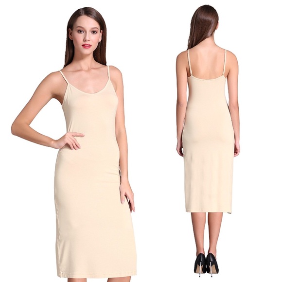 💥 SALE Warm Beige Midi Adjustable Cami Slip Dress - Picture 3 of 4