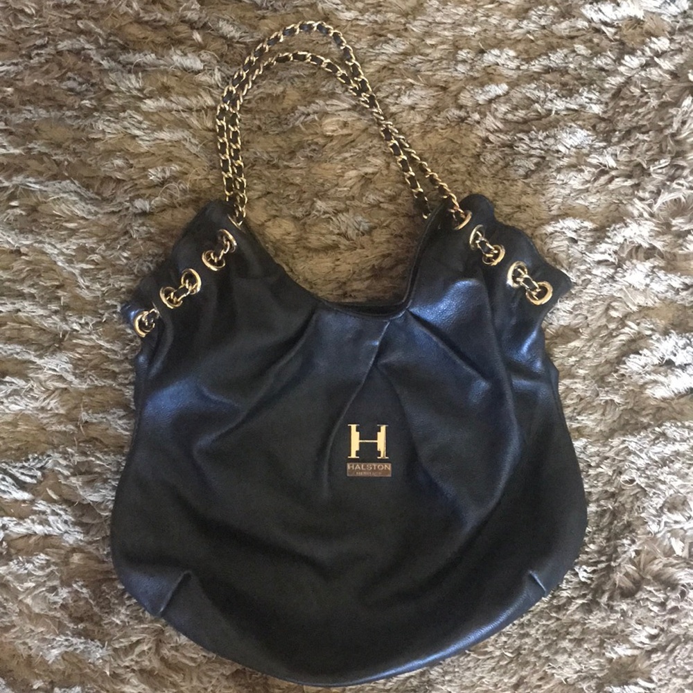 Black Leather Halston Purse with Gold Chain Strap