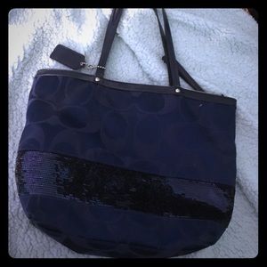 Navy sequin stripped coach bag