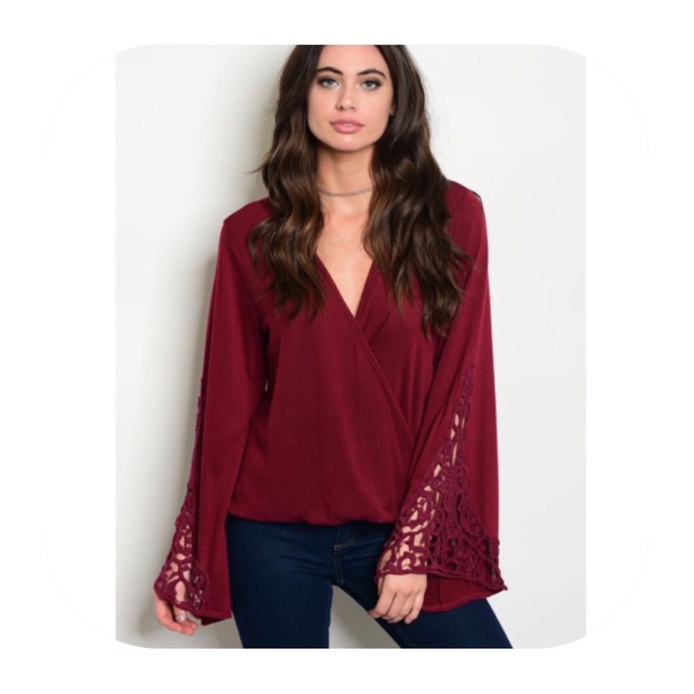 Burgundy Crochet Bell Sleeve knit top
