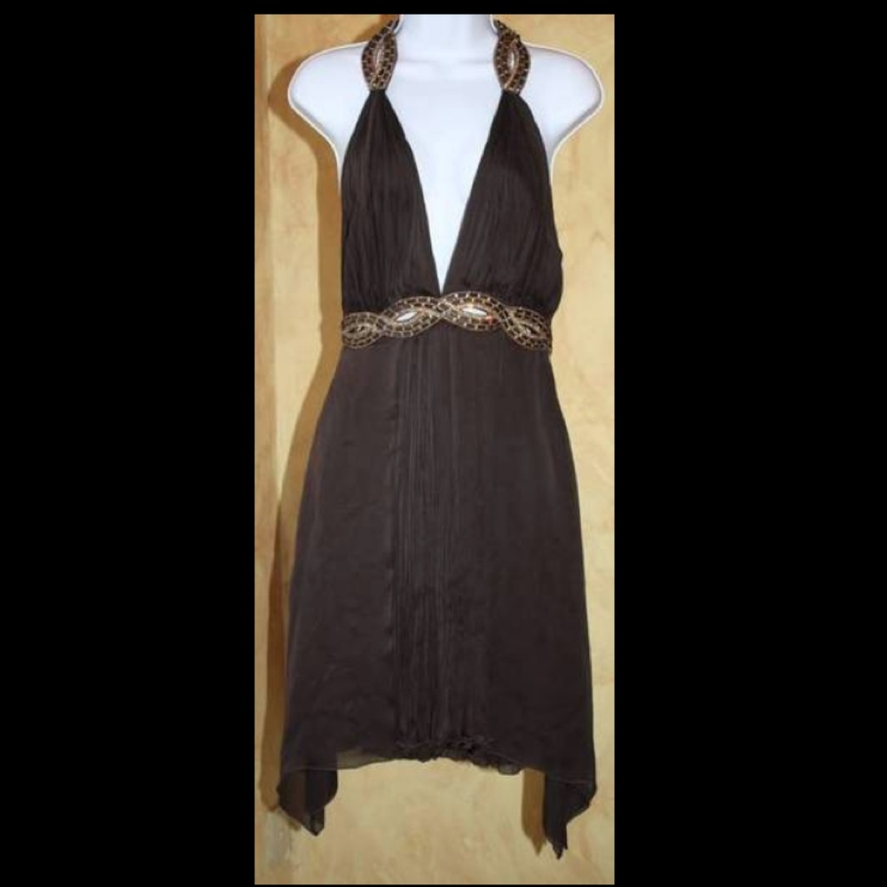 Cavalli, Pleated, Brown, Hand Beaded Halter Dress