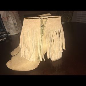 Fringe open toe open back booties