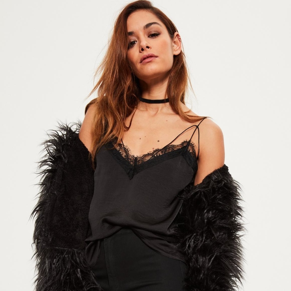 Black satin lace trim harness cami top