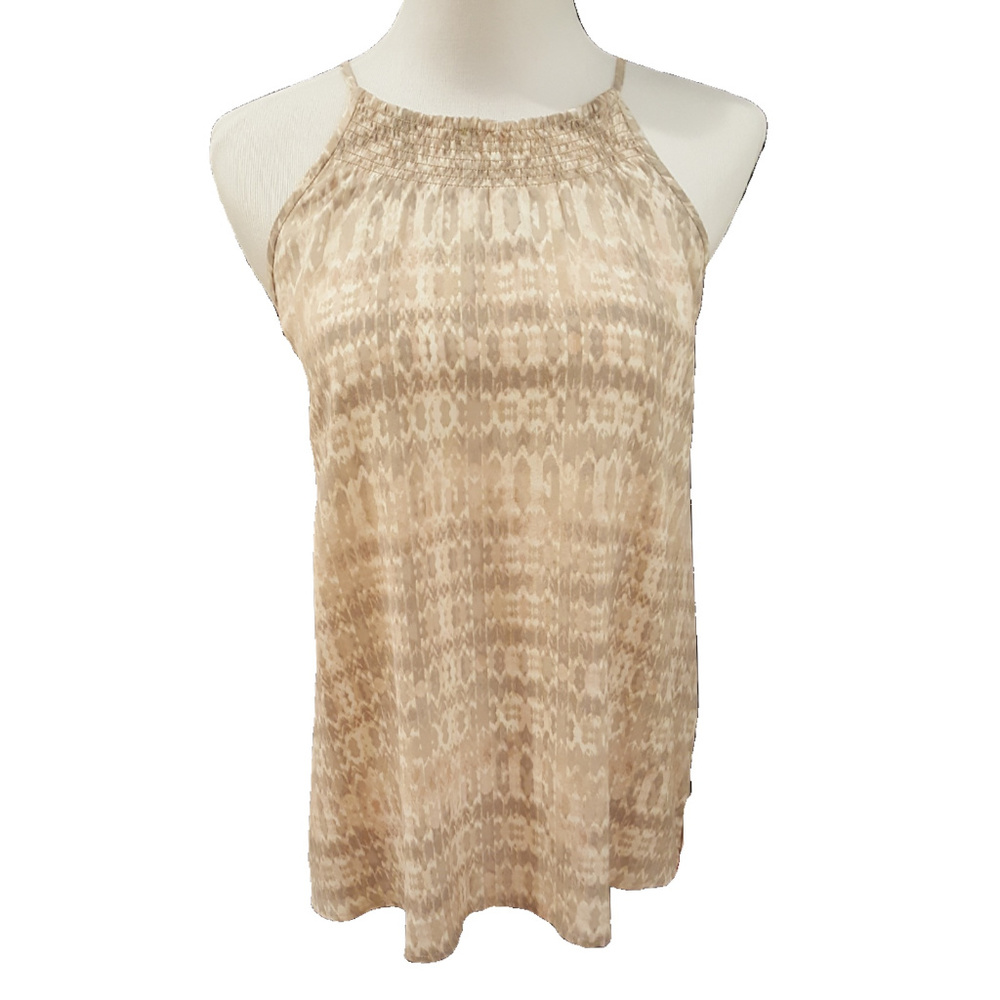 Joie Esmee Sandshell Smocked-Neck Silk Top Size L