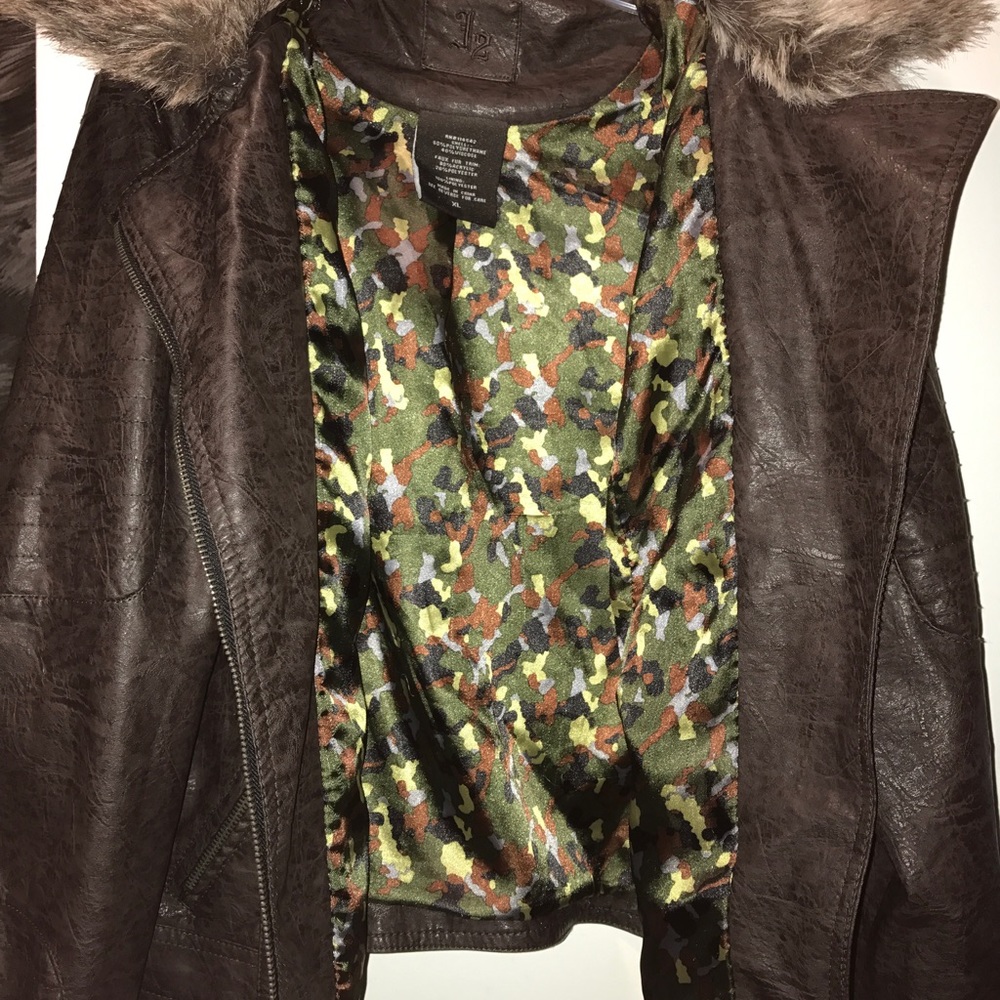 FAUX dark brown leather jacket (sized JUNIORS XL)