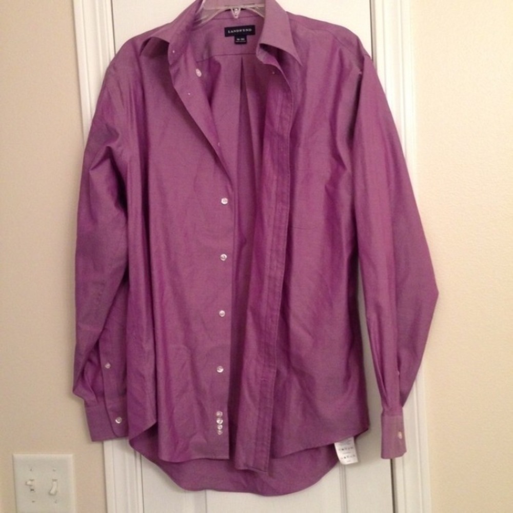 Mens Lands End Purple Button-Up Dress Shirt.