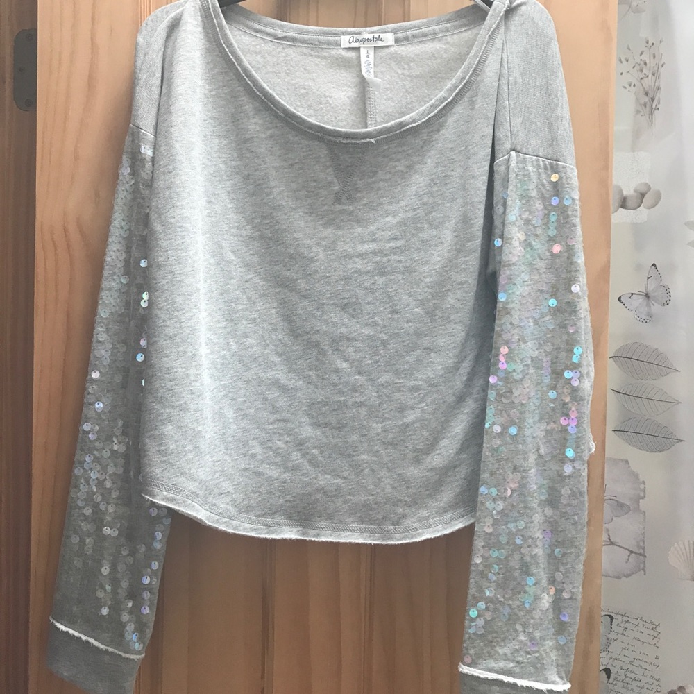 grey cropped sweatshirt with sequence sleeves