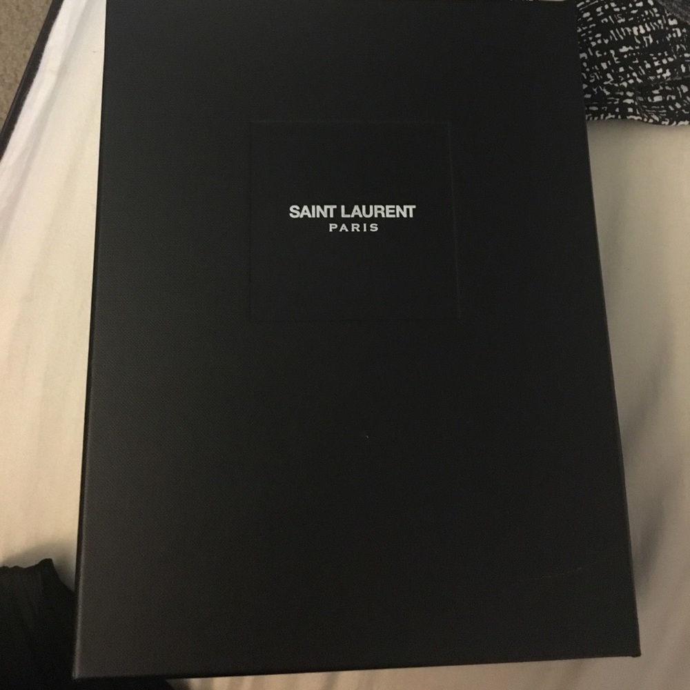 Saint Laurent box, dust bag, and card.