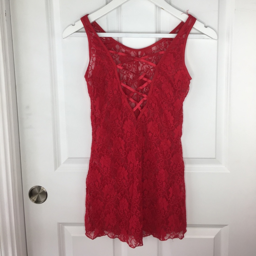 Red Lace Babydoll Crisscross Front Lingerie Size S Romantic Sleepwear