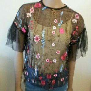 EMBROIDERED BLACK MESH BLOUSE