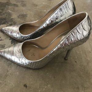 Brian Atwood Silver Snakeskin Pumps