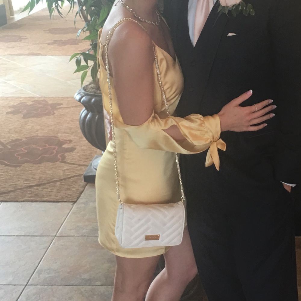 Off shoulder yellow silk dress