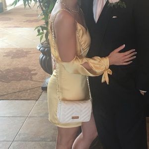 Off shoulder yellow silk dress