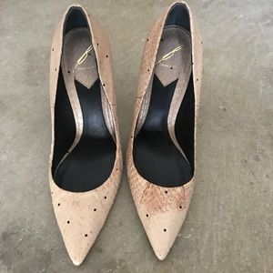 Brian Atwood nude snakeskin with black polka dots