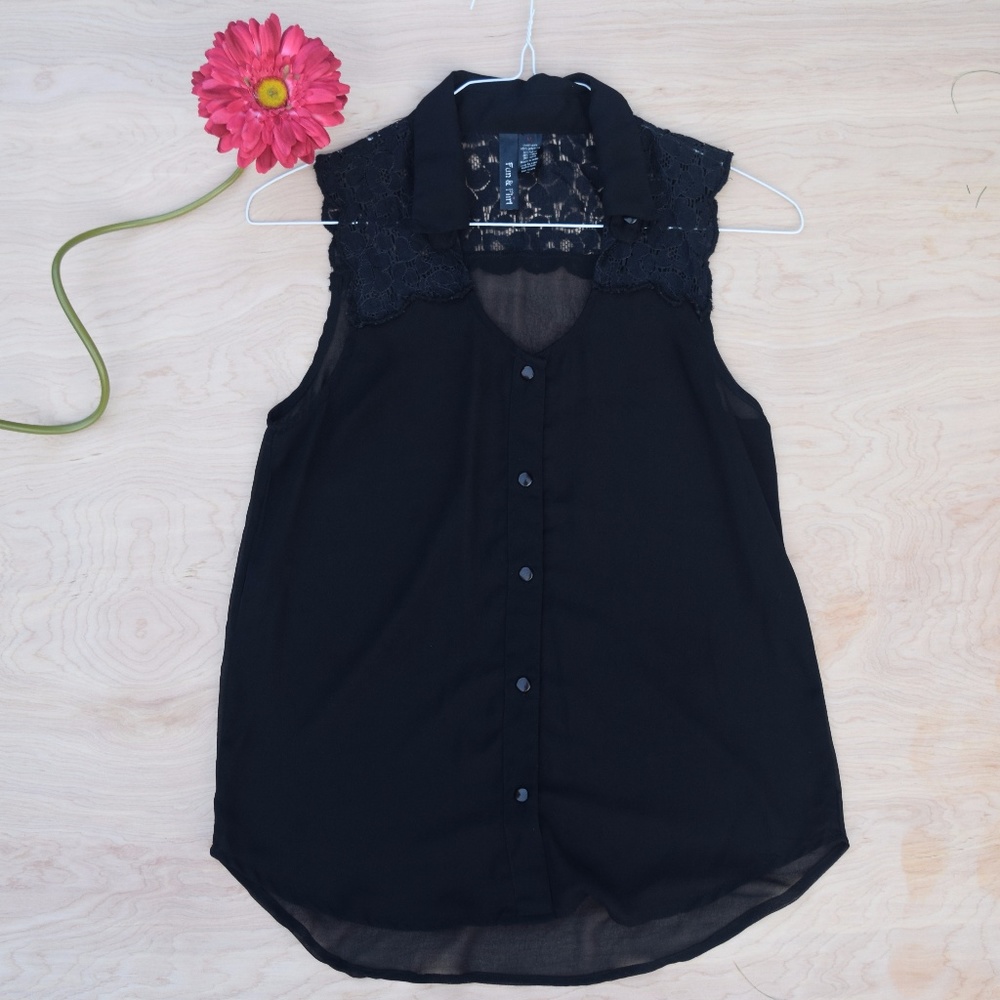 FUN&FLIRTY Shear Black Sleeveless Button-up
