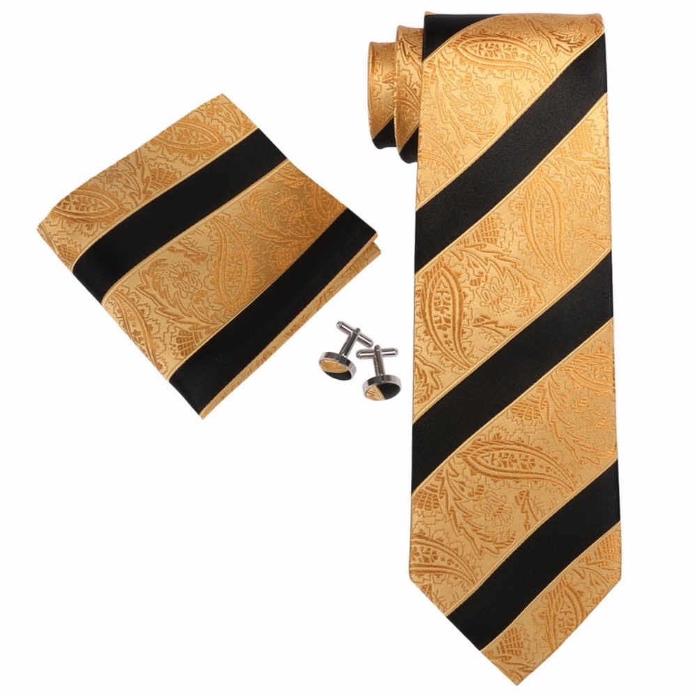 Black/Gold Tie Set (Tie/Hanky/Cufflinks)