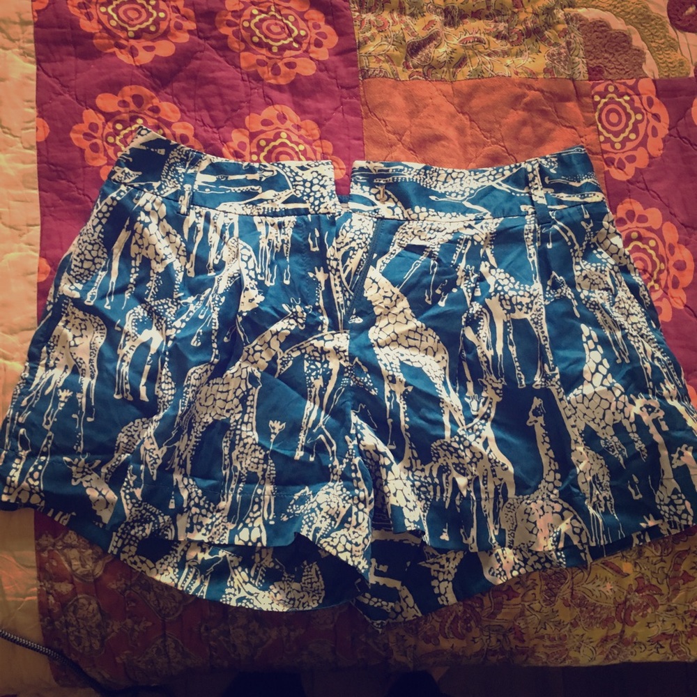 Anthropologie Teal/Cream Silky Giraffe Print Short