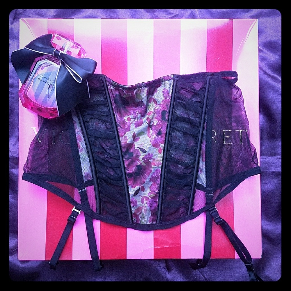 VS Floral & Black Mesh Garter Belt