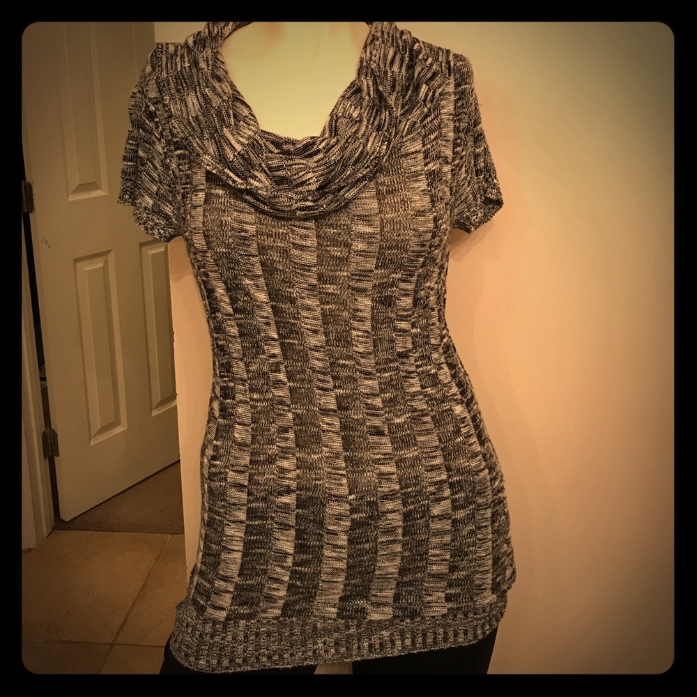 Black, white, and gray cowl neck sweater tunic