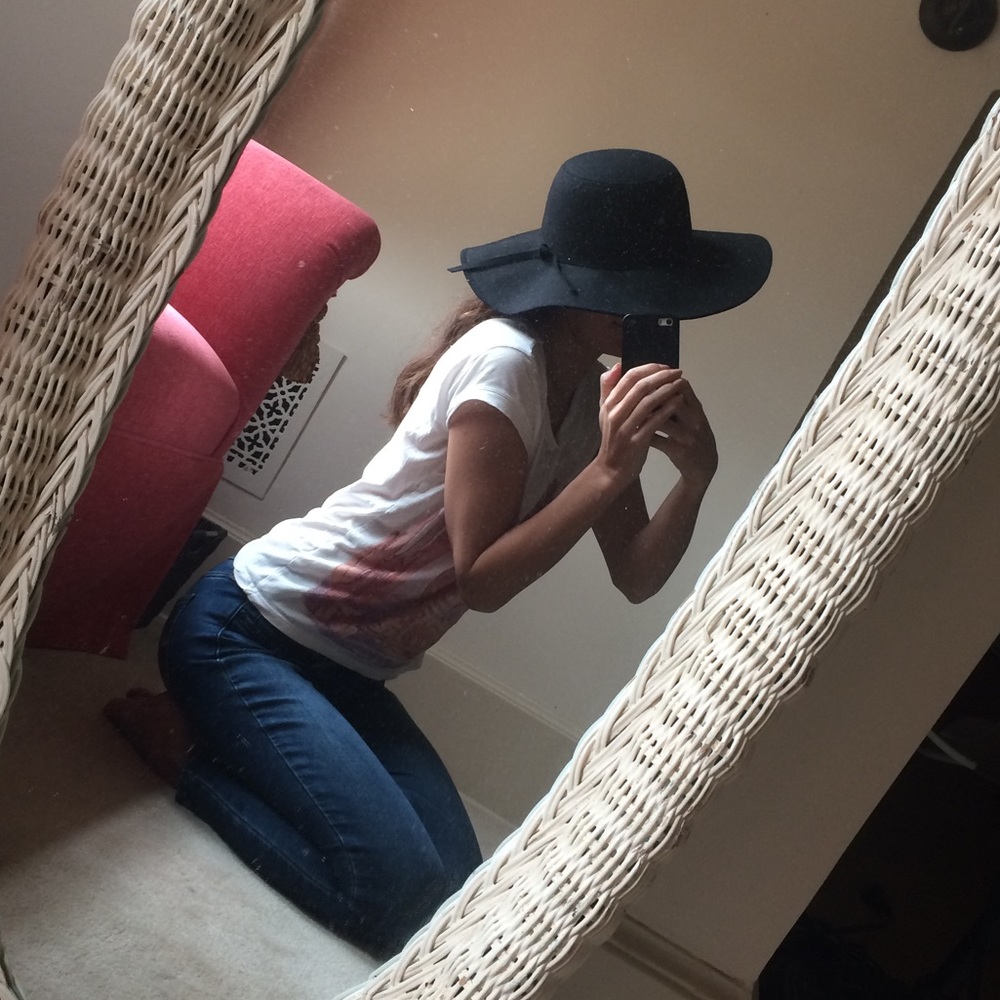 Black Floppy Hat, Black Felt Wool Hat, Black Brim