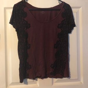 LOFT Maroon T-Shirt with Black Lace Accent