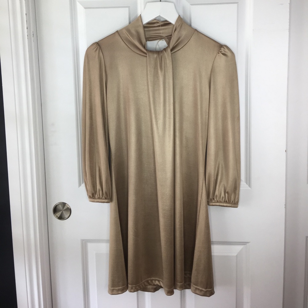 Y2K Gold Long Sleeve Open Back Mini Dress – Size L | Slinky Stretch