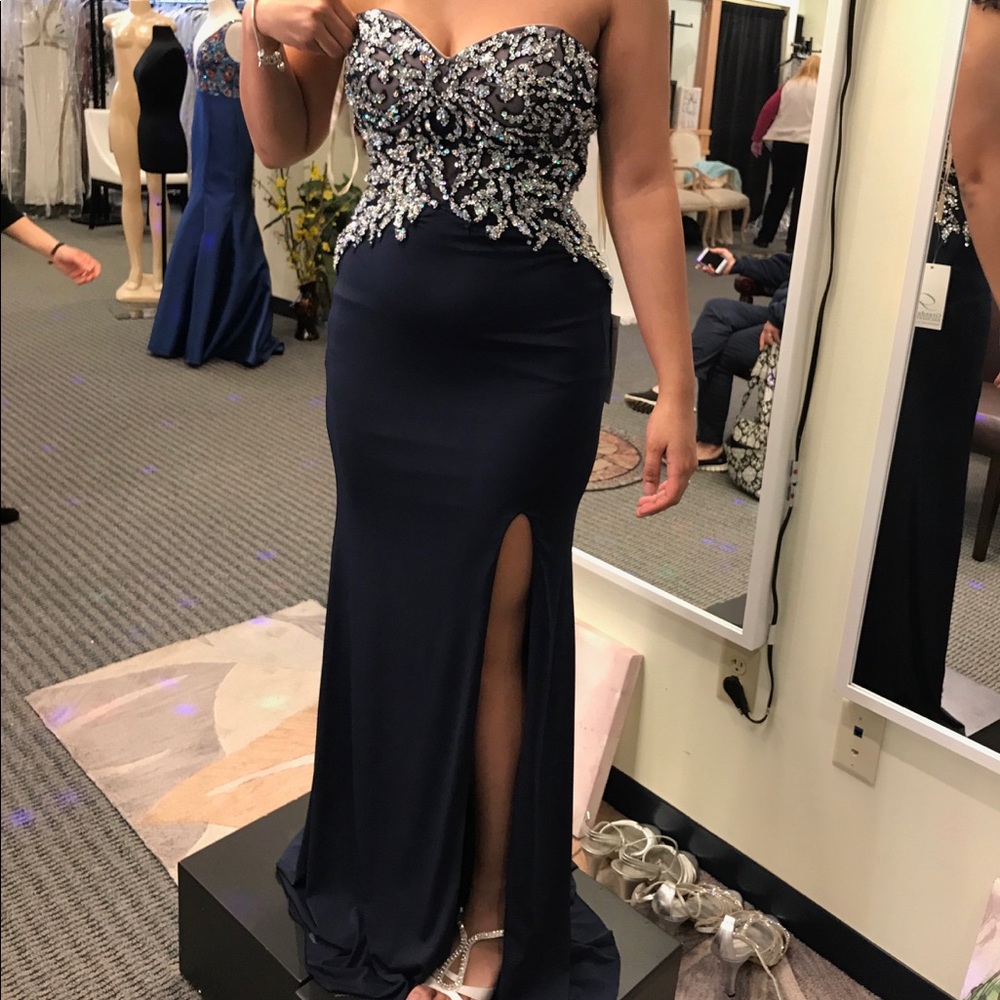 Navy Blue Embellished Sweetheart Side-slit Dress