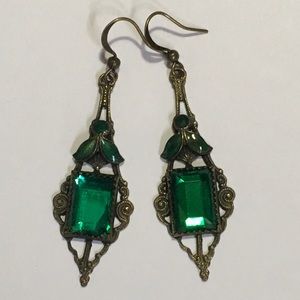 Antique Green Enamel Glass Bronze Earrings. 2.25"