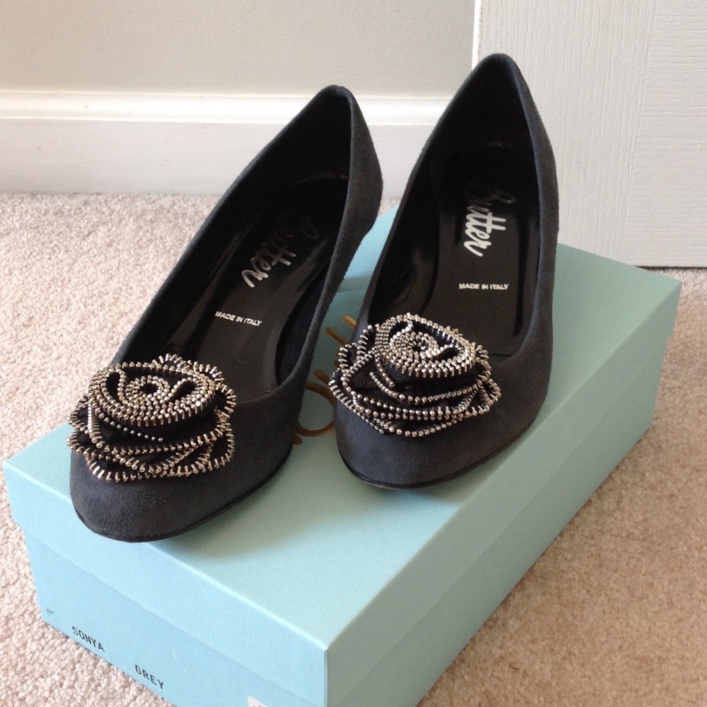 suede kitten heels with incredible rose detail