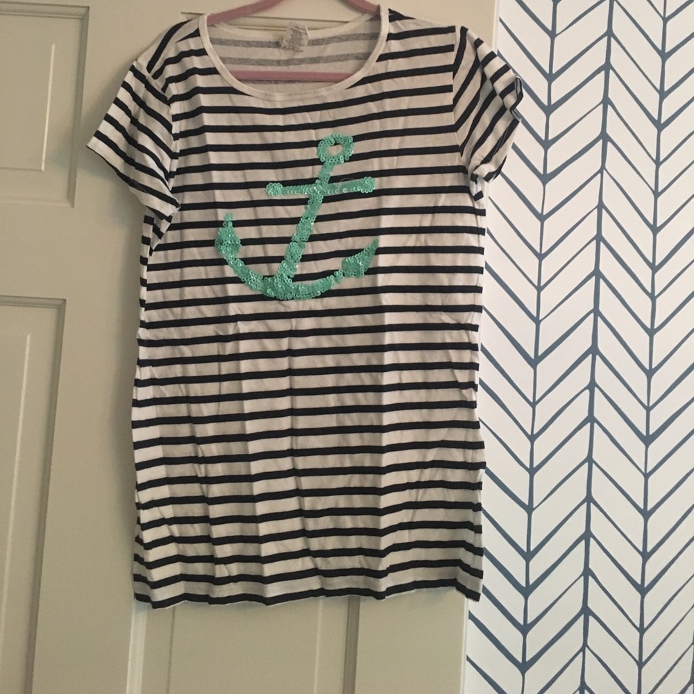 Blue and white striped t shirt with mint anchor