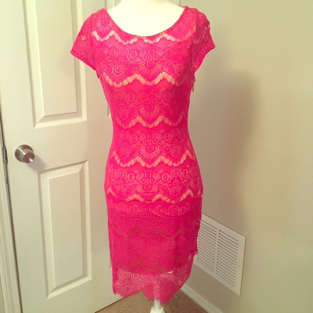 Bebe size xs hot pink mini dress lace detail