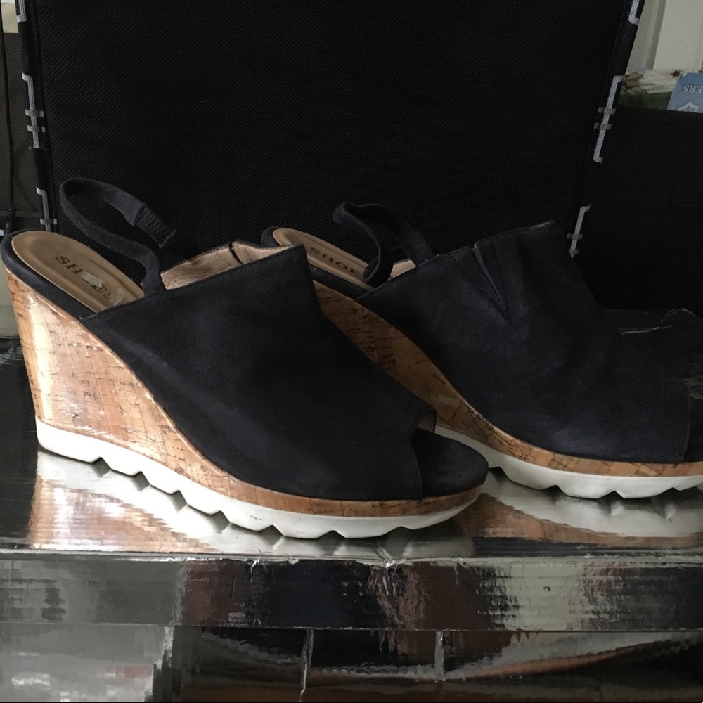 Suede navy Cork sling wedges