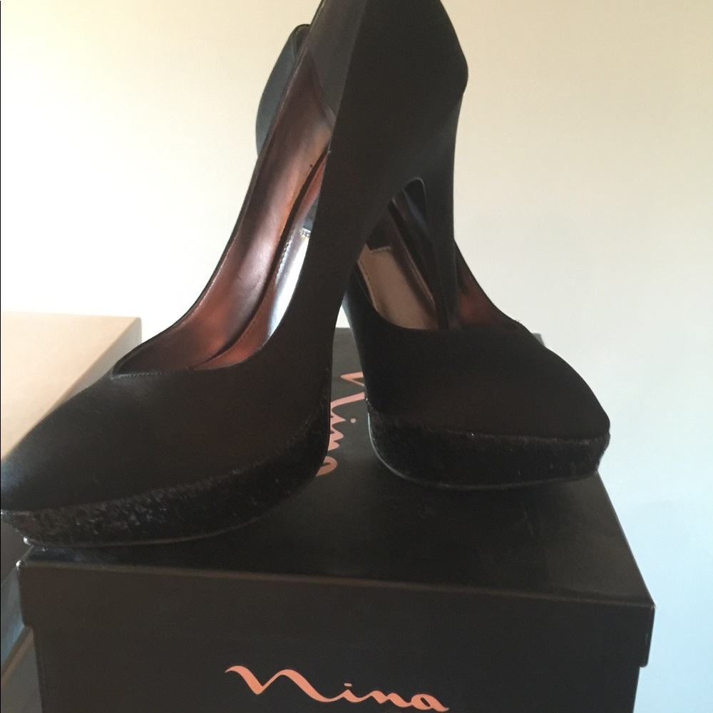 Nina ladies black satin and glitter heels