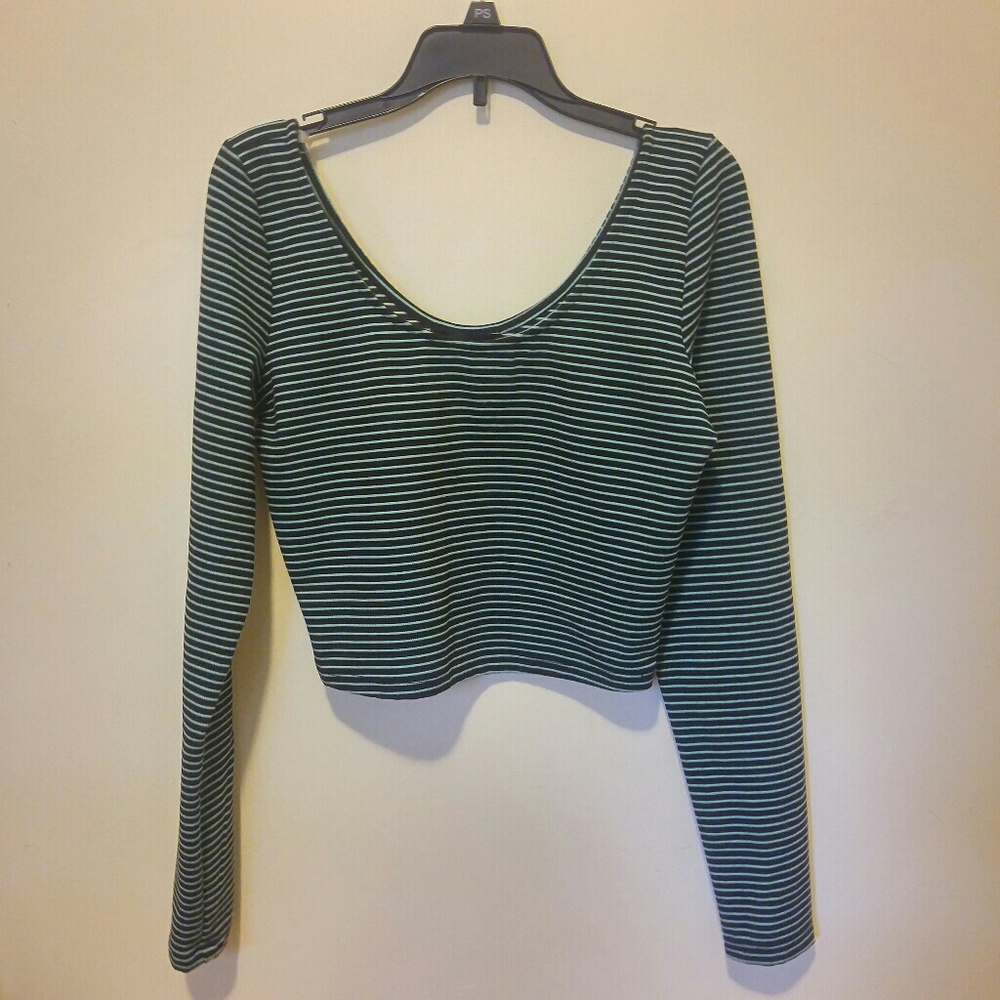 Material Girl- Light Blue/Black Stripe Crop Top