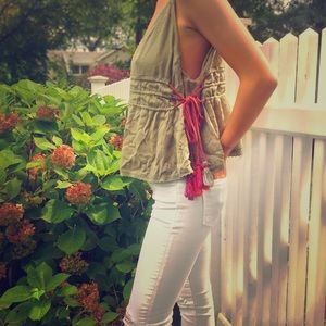 NWT Free People Green Tank w/ Red/Orange Rope Ties