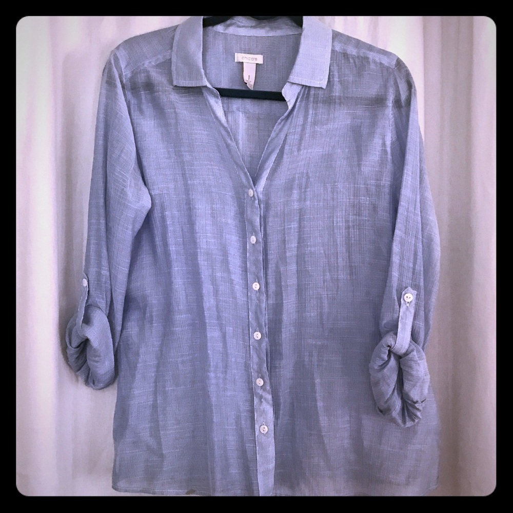 LAST $ DROP! CHICOS COLLARD BLOUSE ROLL TAB SLEEVE