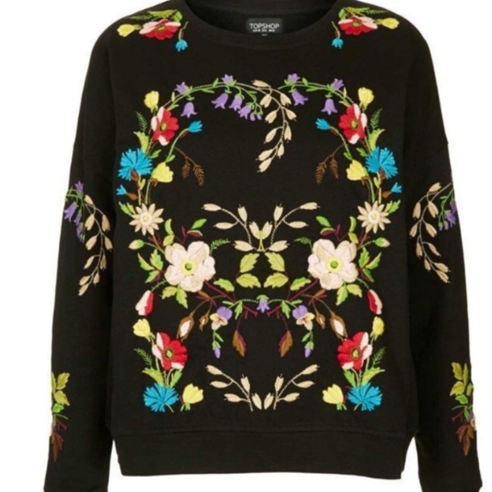 Topshop embroidered floral black sweatshirt sz 4 S