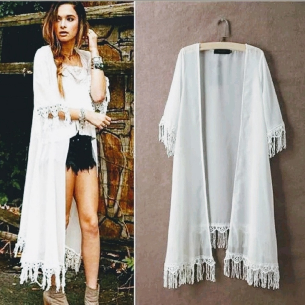 🍁Sale🍁🆕White Boho Fringe Duster Cardigan