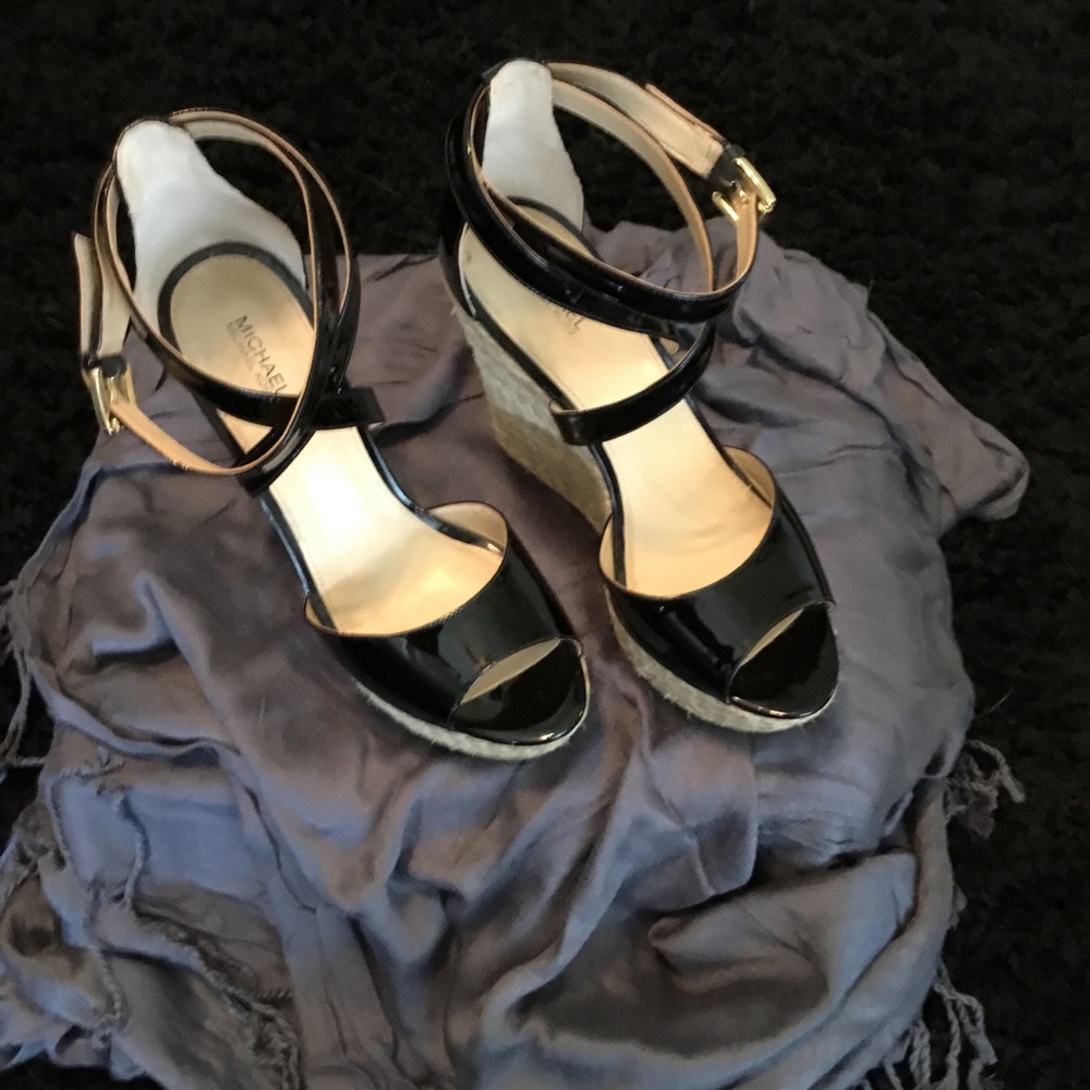 Michael Kors Black Patent Wedge Espadrilles