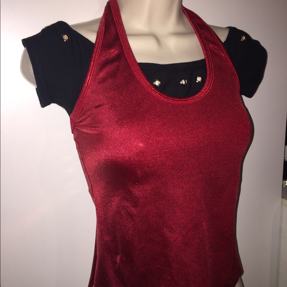 Red Black stretch top with grommet cutouts