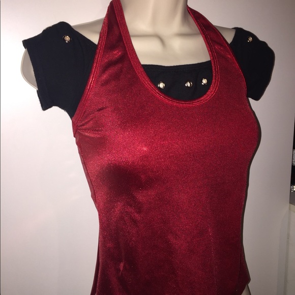 Red Black stretch top with grommet cutouts - Picture 1 of 5