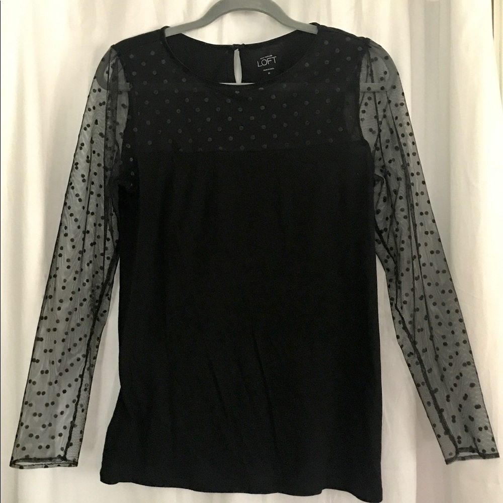 LOFT BLACK SHEER W DOTS CHEST AND SLEEVES TOP